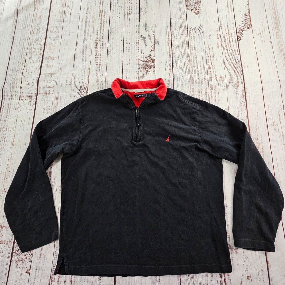 Nautica Black 1/4 Zip Collared Pullover Cotton Sweatshirt Men's L